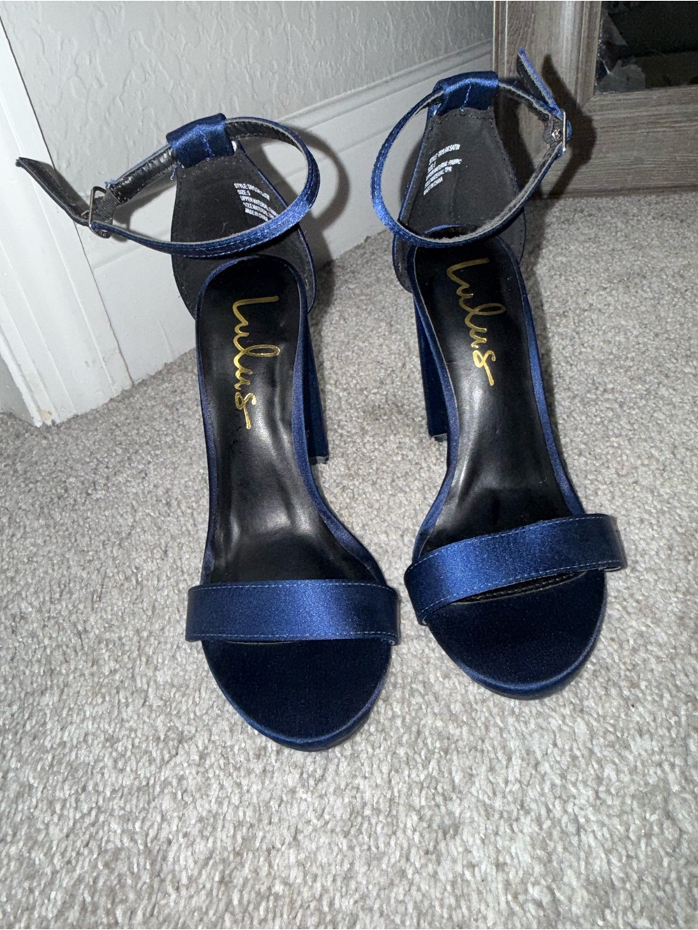 Lulu's Navy Satin Ankle-Strap Block Heels